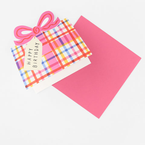 Kitty Kenda Paper Goods Birthday Bow Gingham Multi Die-Cut Greeting Card 