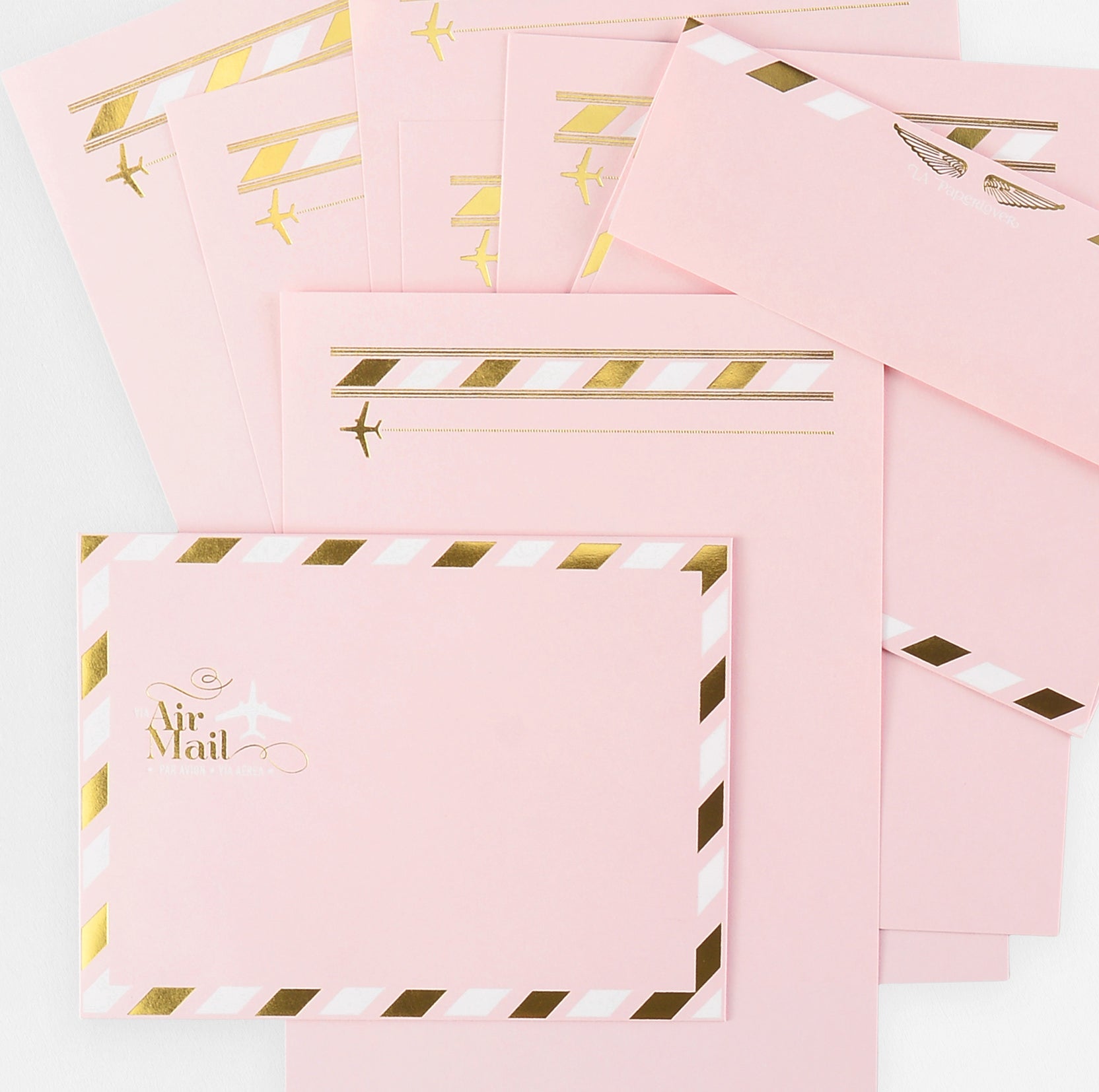 LA Paper Lover Airmail Metallic Gold + White On Pink