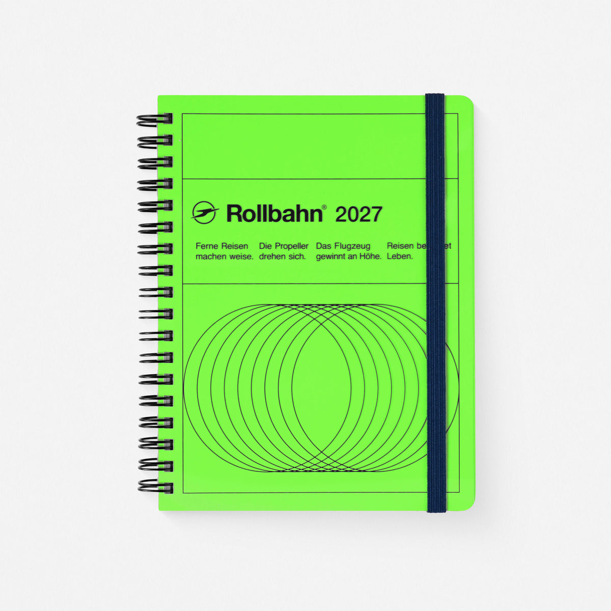 2027 Rollbahn neon green spiral-bound notebook with black wire binding and a navy blue elastic closure band. The cover features the text 'Rollbahn 2027' and a black circular diagram on a clean white background.