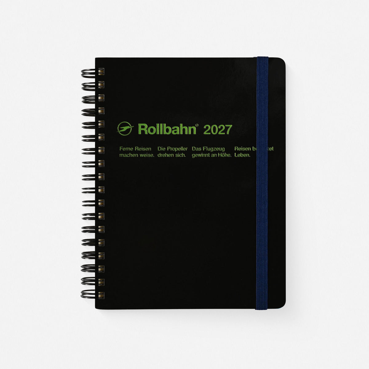 Black 2027 Rollbahn planner printed with metallic green, black spiral binding, navy elastic band