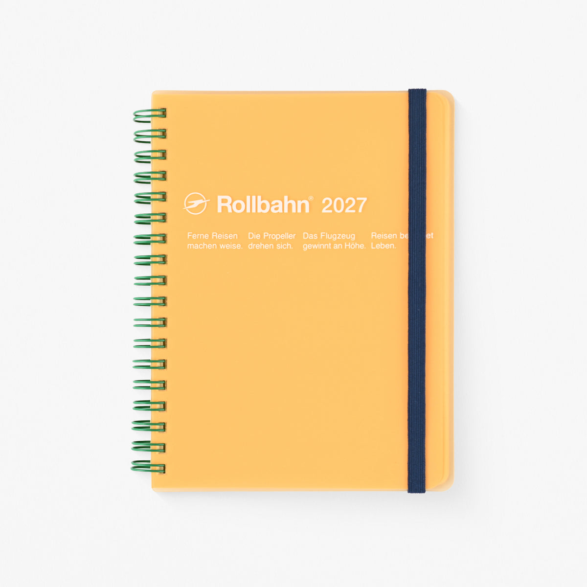 2027 Rollbahn spiral bound planner with clear orange color, a dark navy elastic closure band and white printed text on the cover