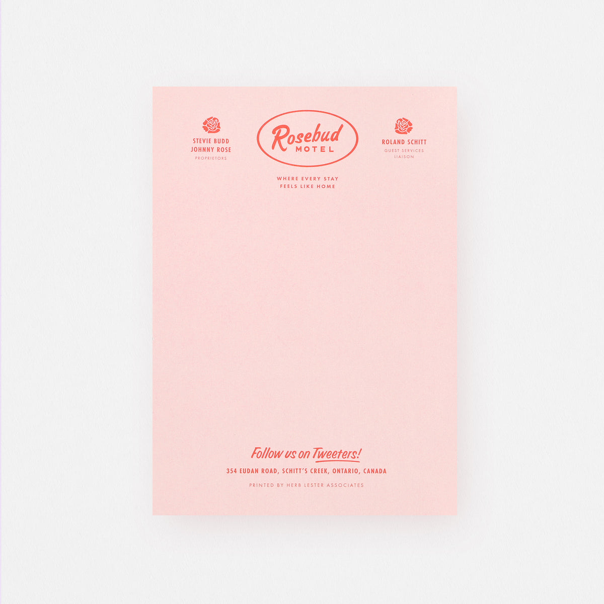Herb Lester Rosebud Motel Schitt's Creek Fictional Hotel Notepad Set of 3 or Single 