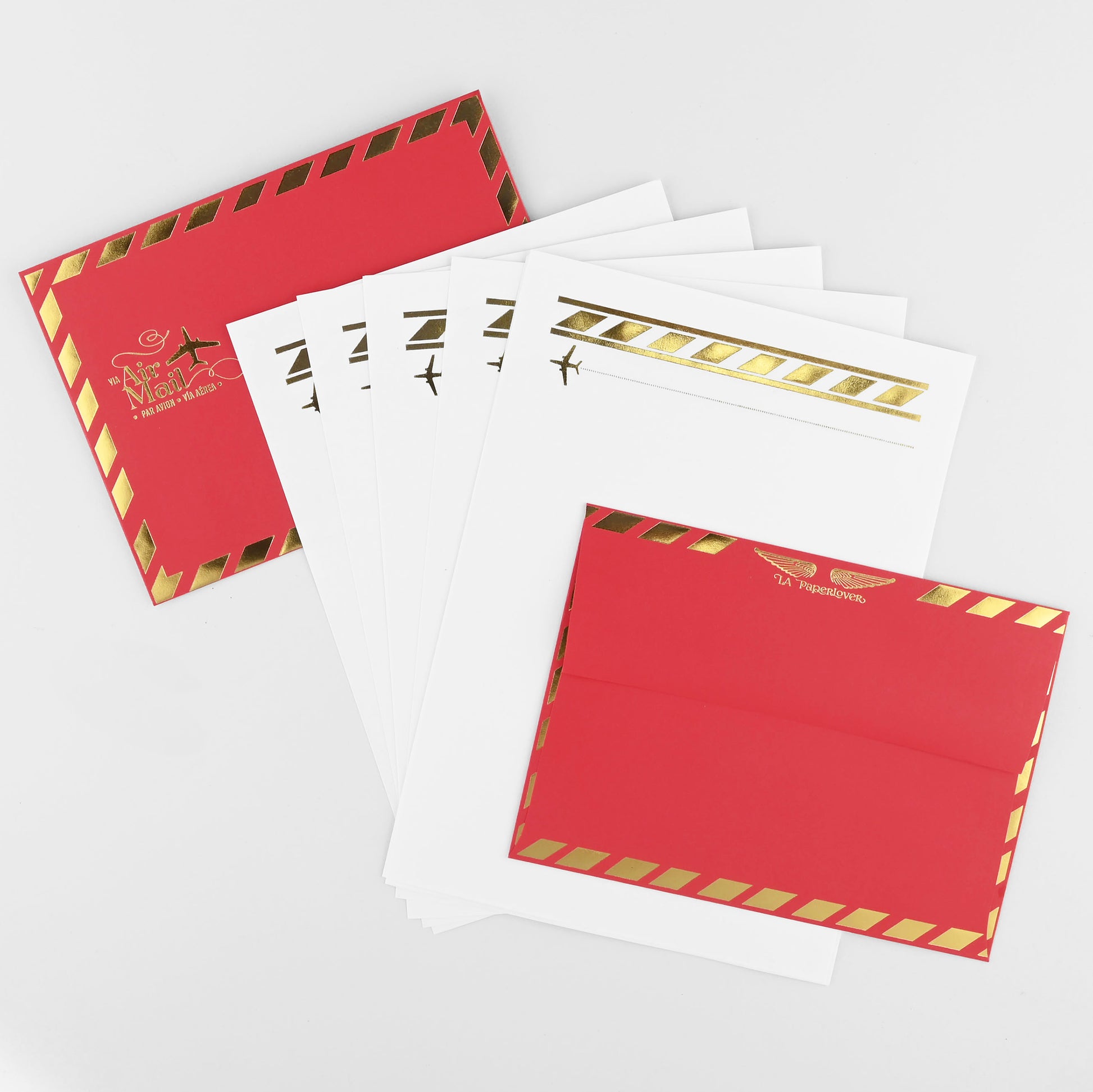 LA Paper Lover Airmail Metallic Gold on White Red Envelopes 